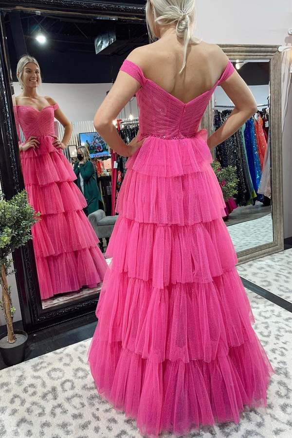Vestidos largos de fiesta de tul fucsia corte A, vestidos de noche formales Y482