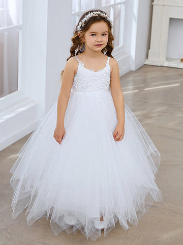 Ball-Gown/Princess Lace Tulle Floor-length White Dress (010145213)