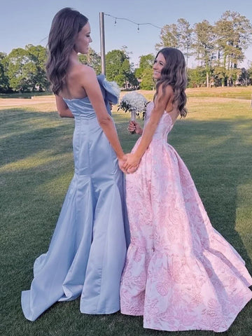 Faithe | Robe de soirée longue sirène bleu clair sans bretelles avec nœud