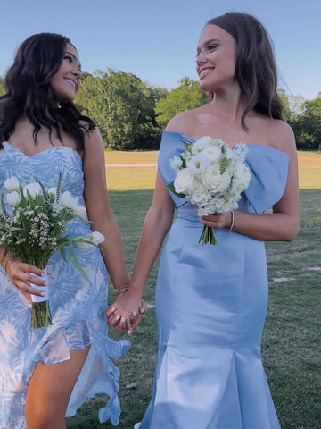 Faithe | Robe de soirée longue sirène bleu clair sans bretelles avec nœud