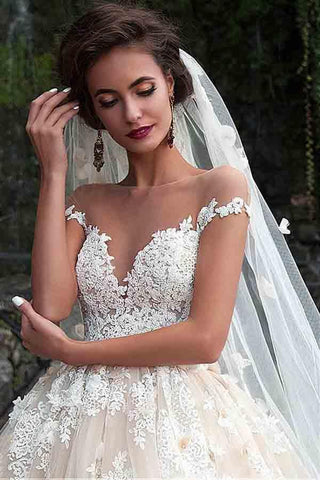 Fantástico vestido de novia de corte princesa con escote barco y encaje WD185