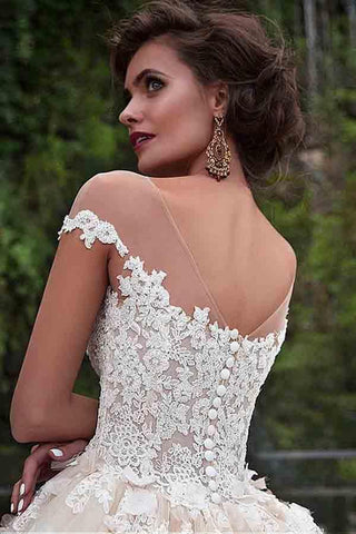 Fantástico vestido de novia de corte princesa con escote barco y encaje WD185