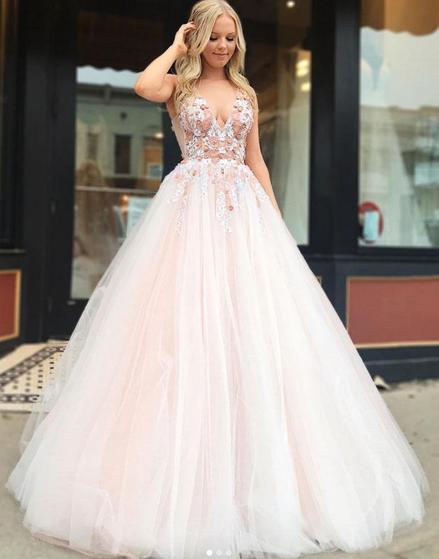 Robe de bal fascinante, longue, trapèze, col en V, applications de dentelle, tulle et dos nu