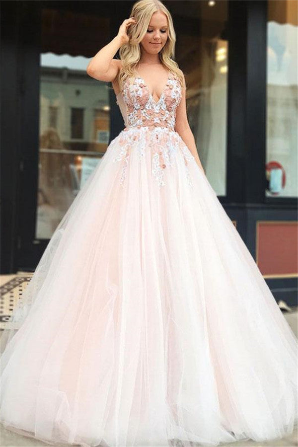 Robe de bal fascinante, longue, trapèze, col en V, applications de dentelle, tulle et dos nu