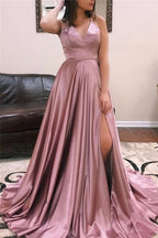 Fascinante robe de bal longue en satin, coupe trapèze, col en V, dos nu et fente sur le devant