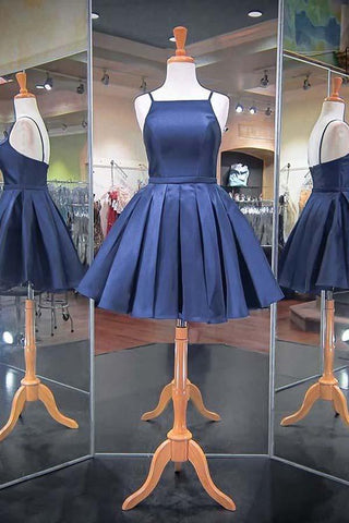 Vestidos de fiesta de bienvenida de satén azul marino con tirantes finos, moda 2023 PD040