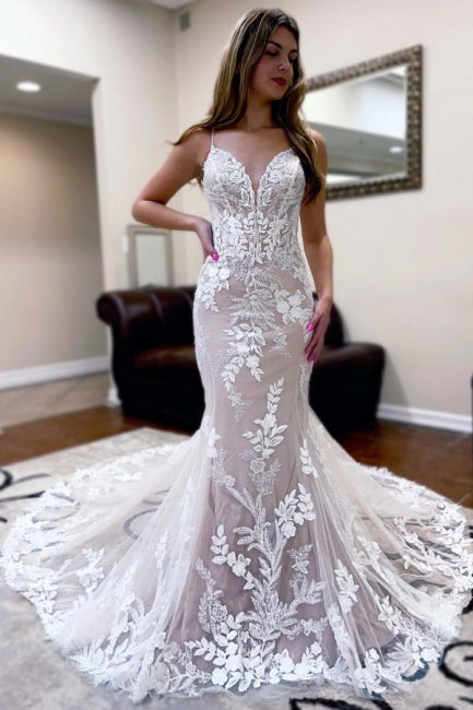 Vestidos de novia de sirena sin mangas con encaje y espalda descubierta de Fashion Jewel