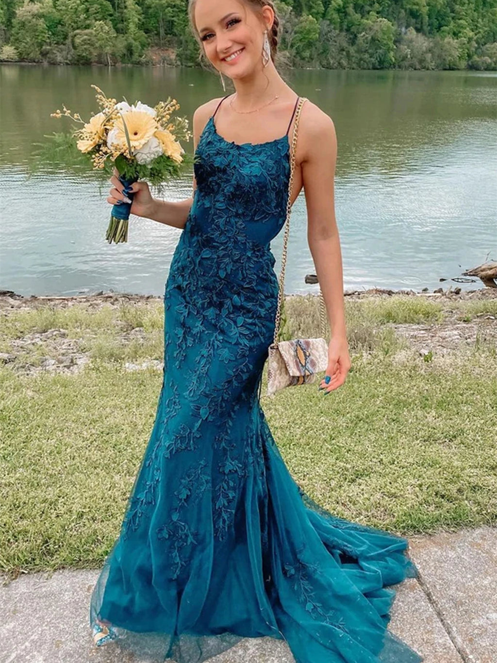 Fashion Long Mermaid Lace Backless Prom Dress Modest Formal Evening Dresses