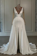 Vestidos de fiesta largos blancos de corte A, cuello alto, encaje brillante, abertura frontal y mangas largas