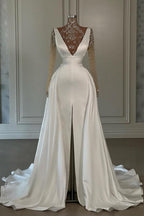 Vestidos de fiesta largos blancos de corte A, cuello alto, encaje brillante, abertura frontal y mangas largas