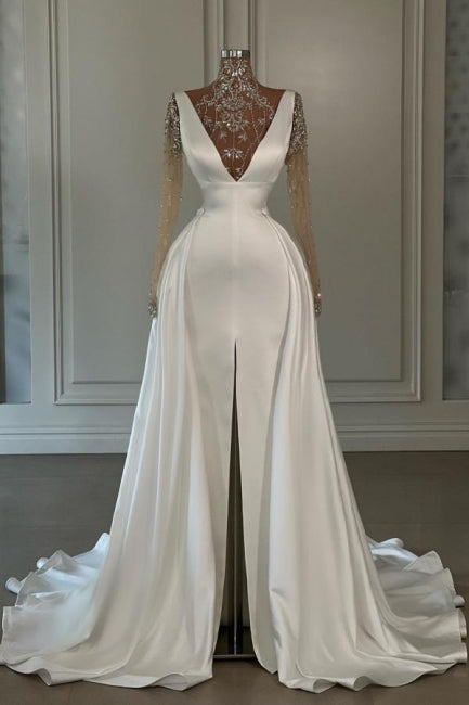 Vestidos de fiesta largos blancos de corte A, cuello alto, encaje brillante, abertura frontal y mangas largas