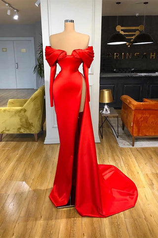 Robe de bal rouge sirène à manches longues et épaules dénudées avec fente