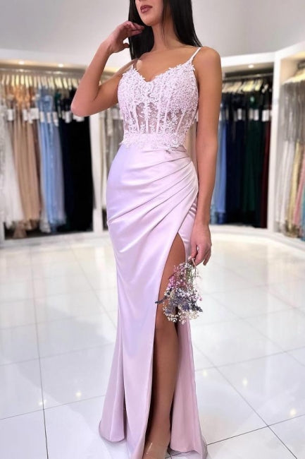 Vestido de fiesta largo de sirena, elegante, con tirantes finos, encaje y abertura.