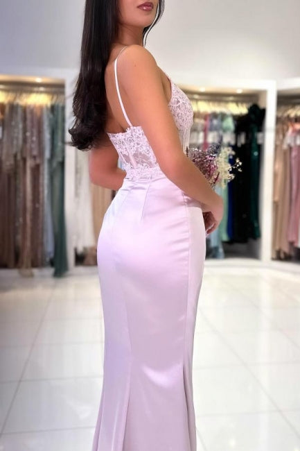 Vestido de fiesta largo de sirena, elegante, con tirantes finos, encaje y abertura.
