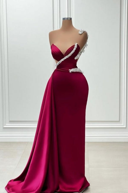 Vestido de fiesta largo de sirena burdeos con un solo hombro y lentejuelas, elegante y elegante.