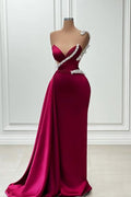 Vestido de fiesta largo de sirena burdeos con un solo hombro y lentejuelas, elegante y elegante.