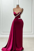 Vestido de fiesta largo de sirena burdeos con un solo hombro y lentejuelas, elegante y elegante.