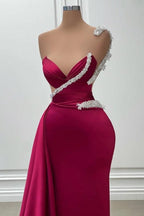 Vestido de fiesta largo de sirena burdeos con un solo hombro y lentejuelas, elegante y elegante.