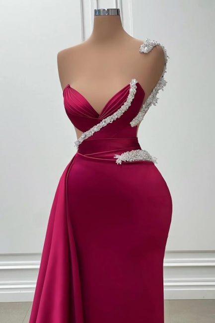 Vestido de fiesta largo de sirena burdeos con un solo hombro y lentejuelas, elegante y elegante.