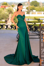 Robe de bal sirène longue vert foncé à la mode, sans manches, en satin et perles