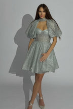 Robes de bal courtes argentées à paillettes tendance, manches courtes