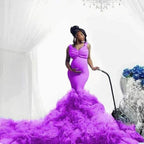 Vestido de maternidad con cintura de tul suave, corte sirena y elástico, ideal para fotos de mujeres embarazadas con barriga grande.