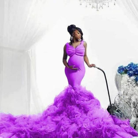 Vestido de maternidad con cintura de tul suave, corte sirena y elástico, ideal para fotos de mujeres embarazadas con barriga grande.