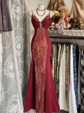 Robe de soirée sirène en dentelle bordeaux, bretelles, modèle Y7685