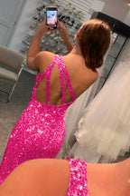 Robe de bal longue à paillettes et sequins avec fente