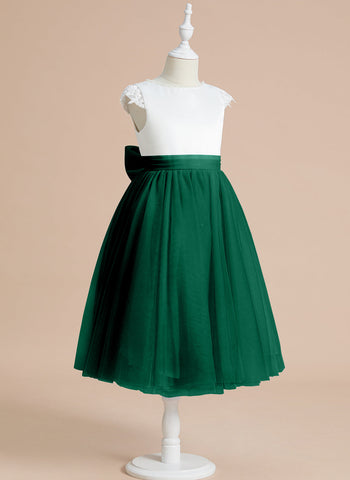 Vestido de niña de las flores para la Primera Comunión, corte en A, satén y tul, hasta la rodilla. 