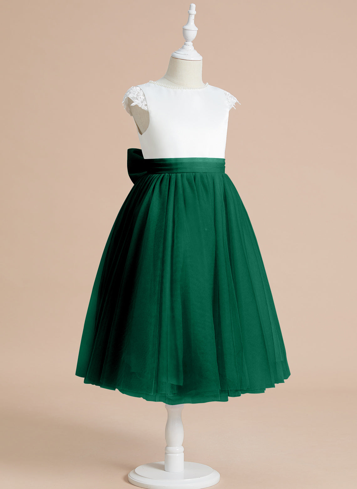 Vestido de niña de las flores para la Primera Comunión, corte en A, satén y tul, hasta la rodilla. 