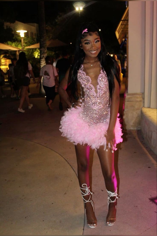 Robe de cocktail rose ornée de perles et de plumes, robe de bal de fin d'année Y7709