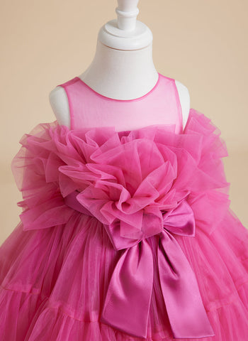 Encantador vestido rosa de princesa sin mangas de tul para niña de las flores con detalle de lazo (010224355) 