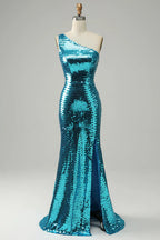 Sparkly Golden Sequins One Shoulder Long Prom Dress with Slit