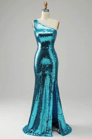 Sparkly Golden Sequins One Shoulder Long Prom Dress with Slit