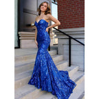 Robe de bal sirène bleu roi en dentelle à paillettes 