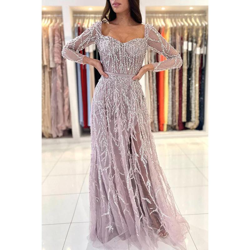 Glamoroso vestido de fiesta formal de sirena con mangas largas cuadradas y brillantes con plumas
