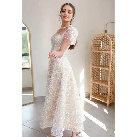 Robe de soirée trapèze en tulle imprimé, col carré, manches courtes, longueur thé