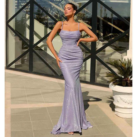 Robe de soirée sirène scintillante à bretelles spaghetti 