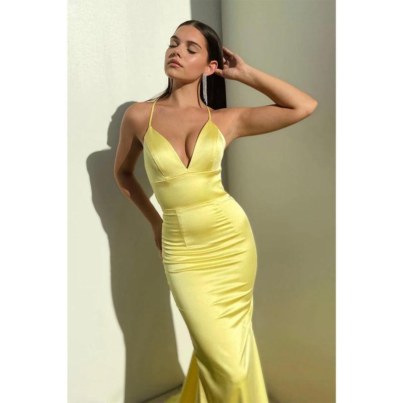Plunging V-neck Yellow Long Prom Dress