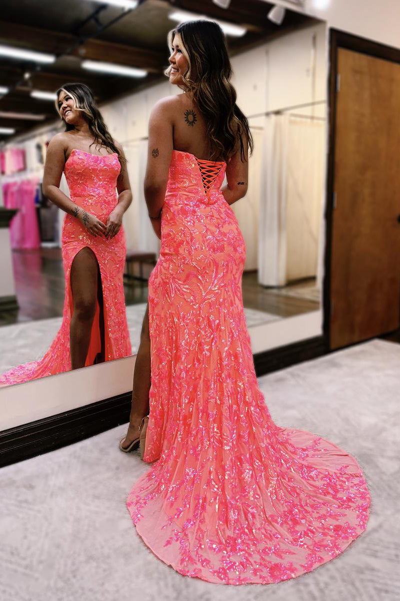 Robe de bal sirène bustier en dentelle à sequins et fente