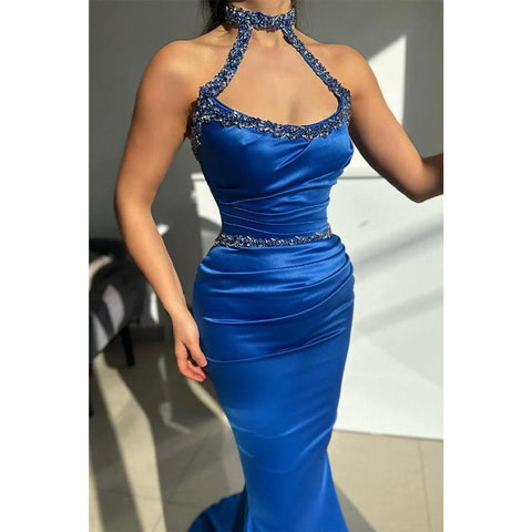 Vestido de noche formal de sirena con cuello halter, de satén y cristales de lujo
