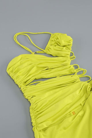 Vestido largo de noche sexy con tirantes, un solo hombro, fruncido, abertura en la espalda y escote pronunciado. 