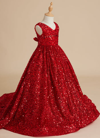 Deslumbrante vestido de princesa rojo con lentejuelas, escote en V y cola para niñas 