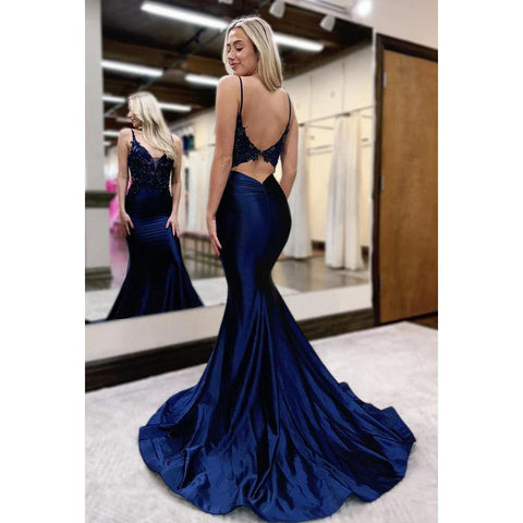 Elegant & Luxurious V-Neck Spaghetti Straps Mermaid Trumpet Backless Prom Dress
