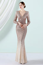 Golden Sequined Long Sleeves Evening Dress