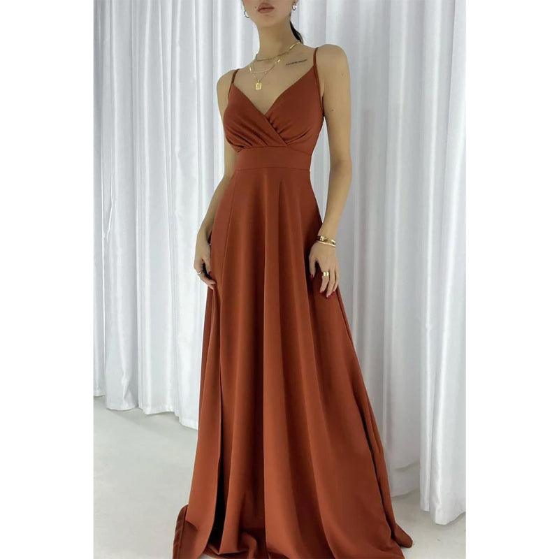 Robe de soirée longue simple et sexy à bretelles et col en V avec fente 