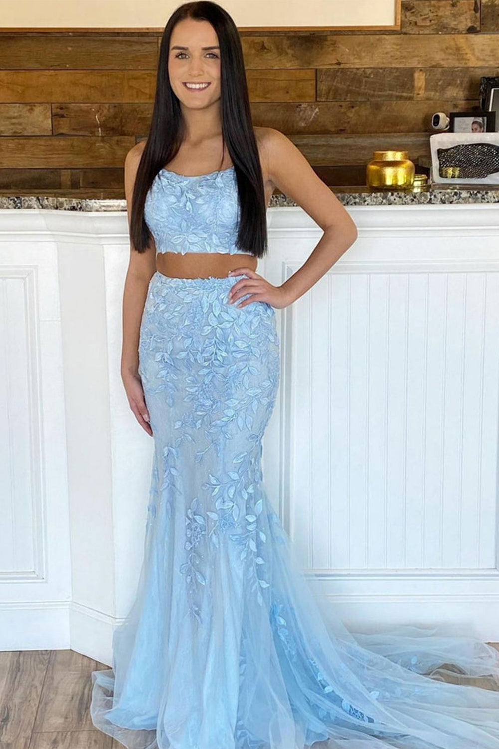 Robe de bal sirène deux pièces bleue