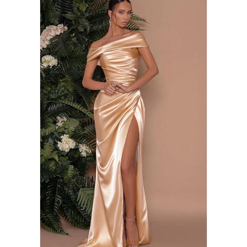 Vestido de fiesta sin mangas, de satén, con pliegues y hombros descubiertos, corte tubo/columna