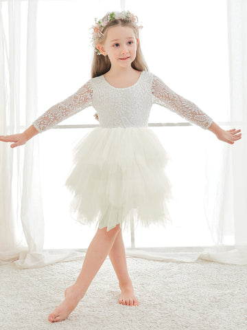 Vestido blanco de tul y encaje hasta la rodilla (2003227580) 